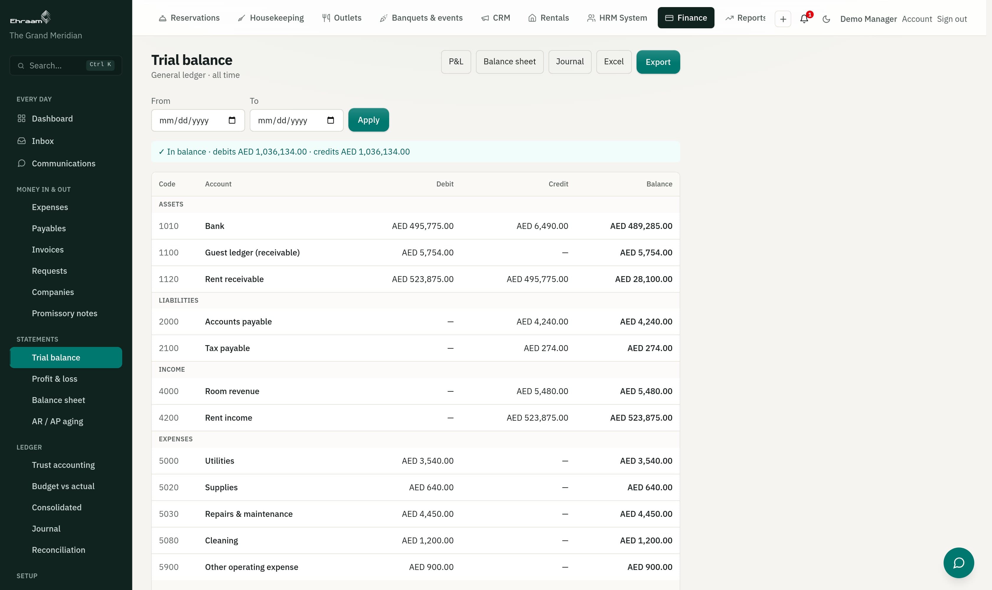 Accounting trial balance built from folios, rent, expenses and payroll