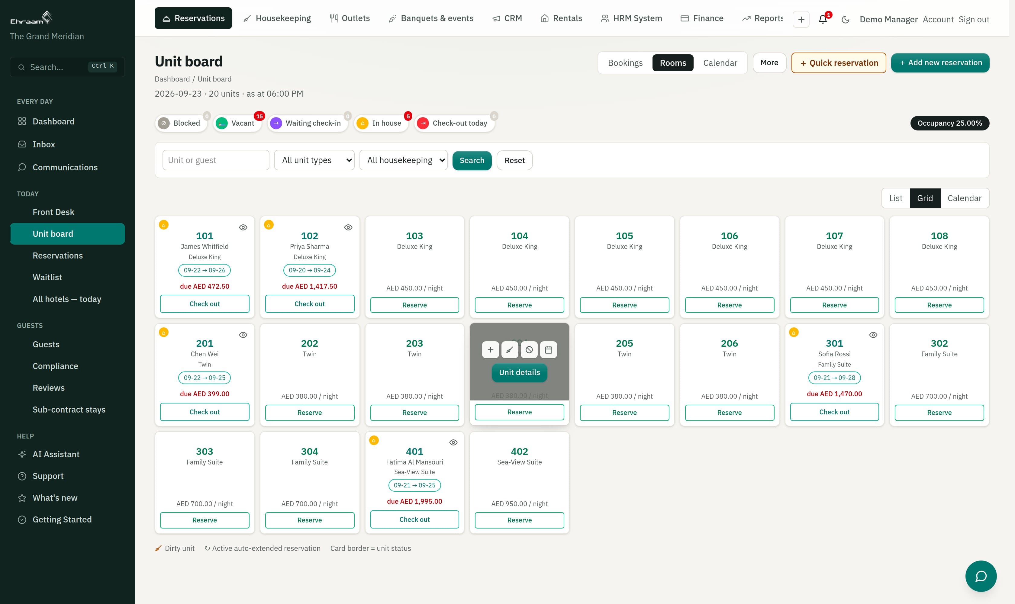 Room board showing vacant, waiting check-in, in-house and checking-out rooms as cards