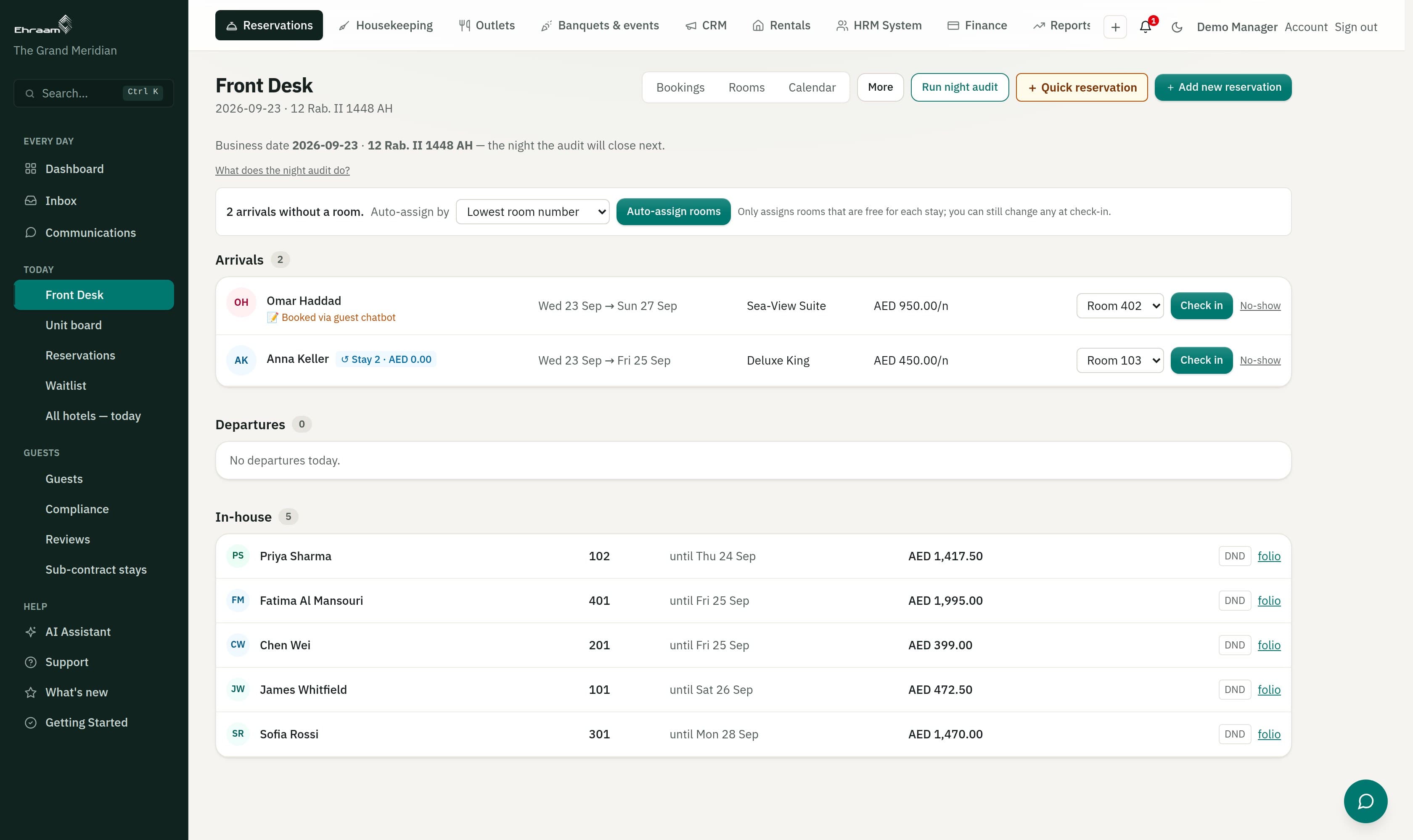 The Ehraam front desk: today's arrivals with room assignment, check-in and night audit