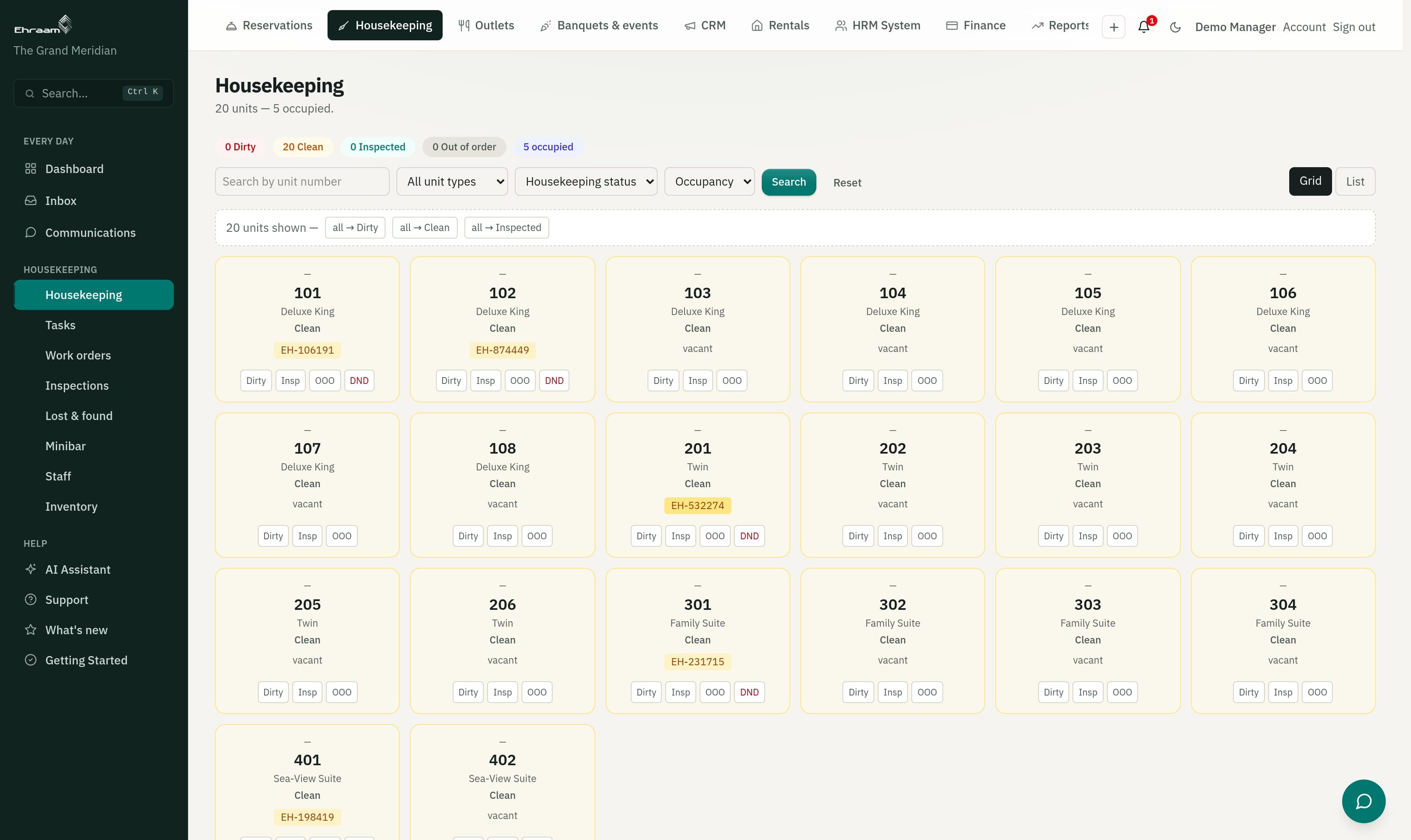 Housekeeping board showing clean, dirty and inspected rooms with tasks per attendant