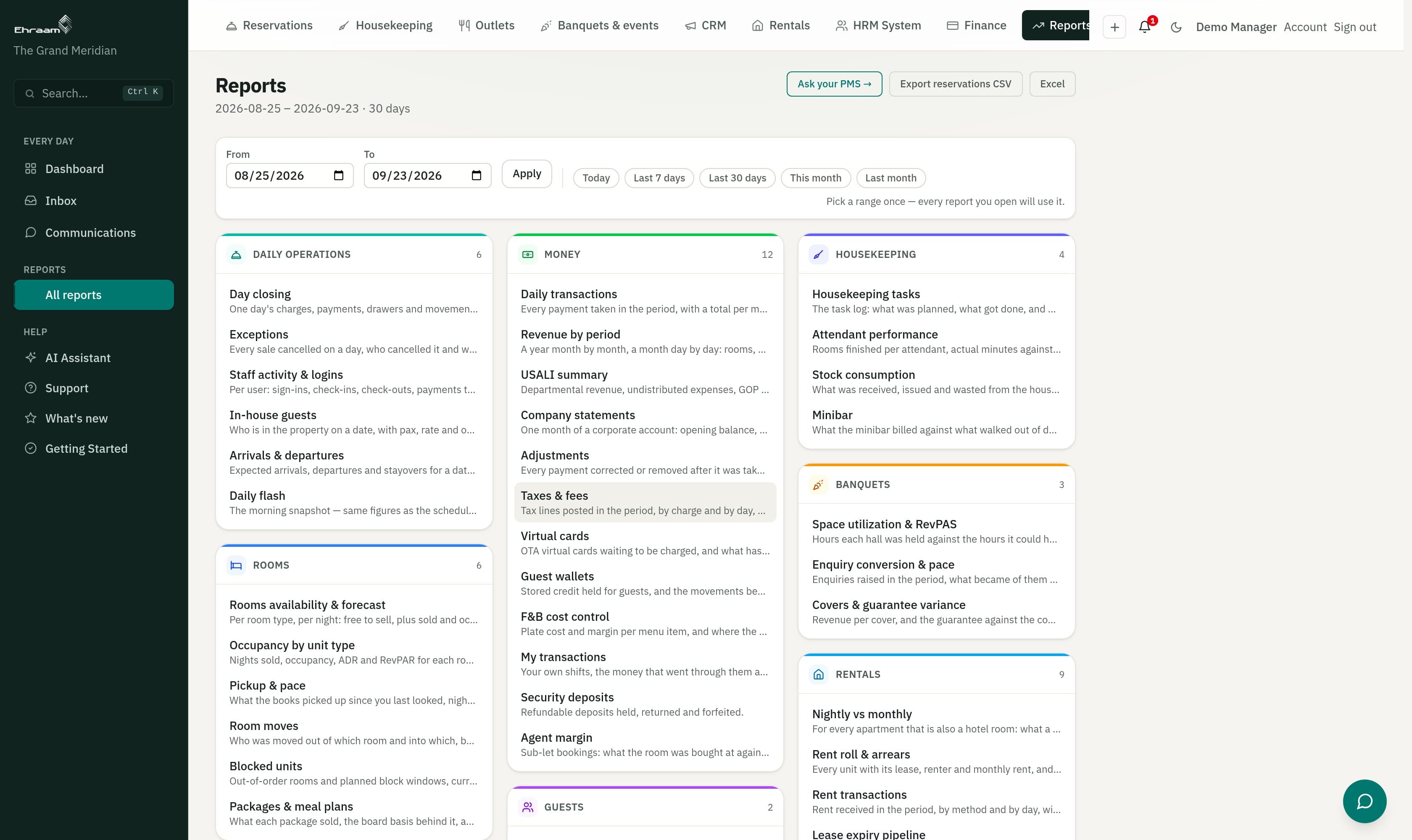 The reports index: day closing, in-house, arrivals, occupancy, taxes and source of business