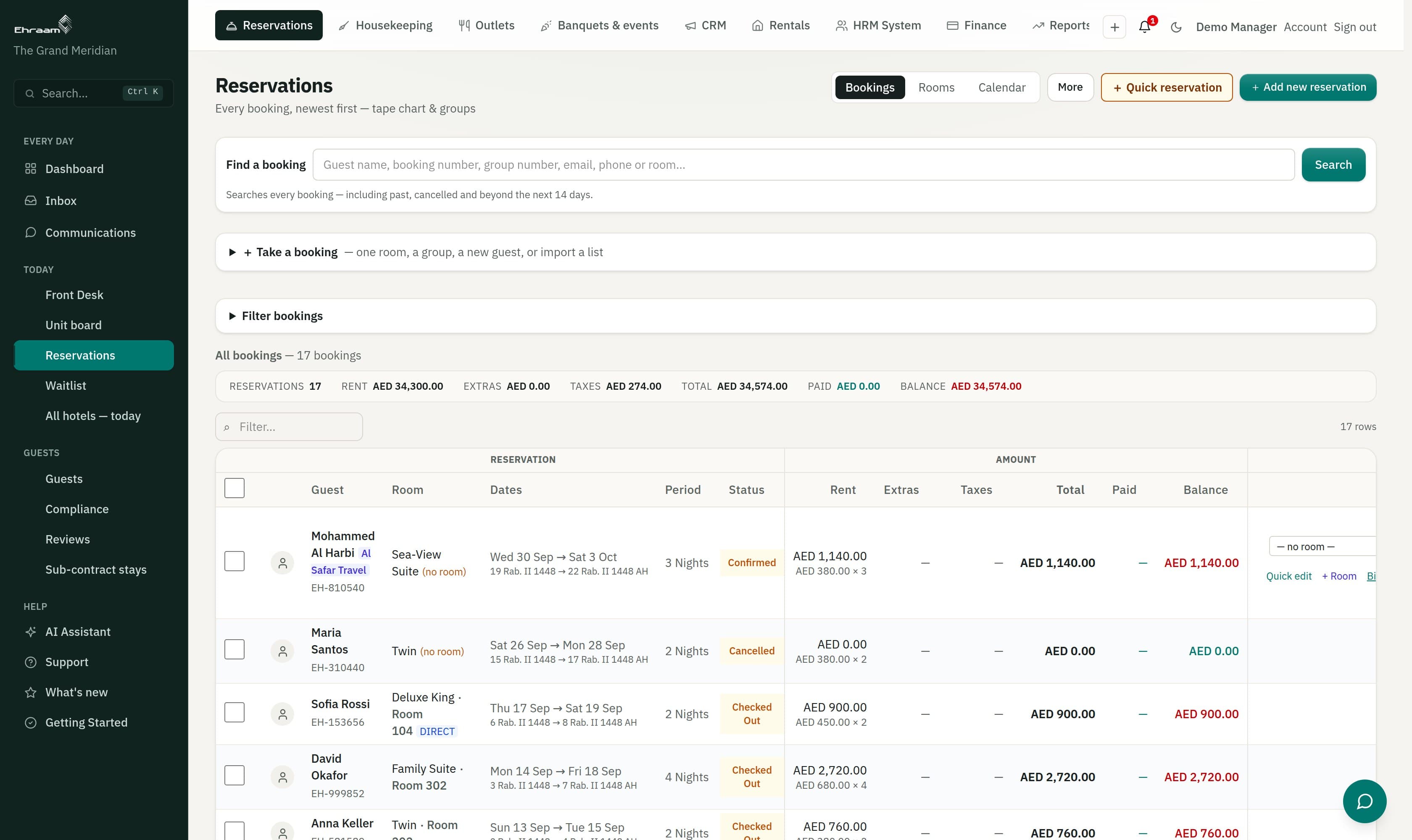 Reservations page: find-a-booking search, in-house totals and the booking list with groups collapsed