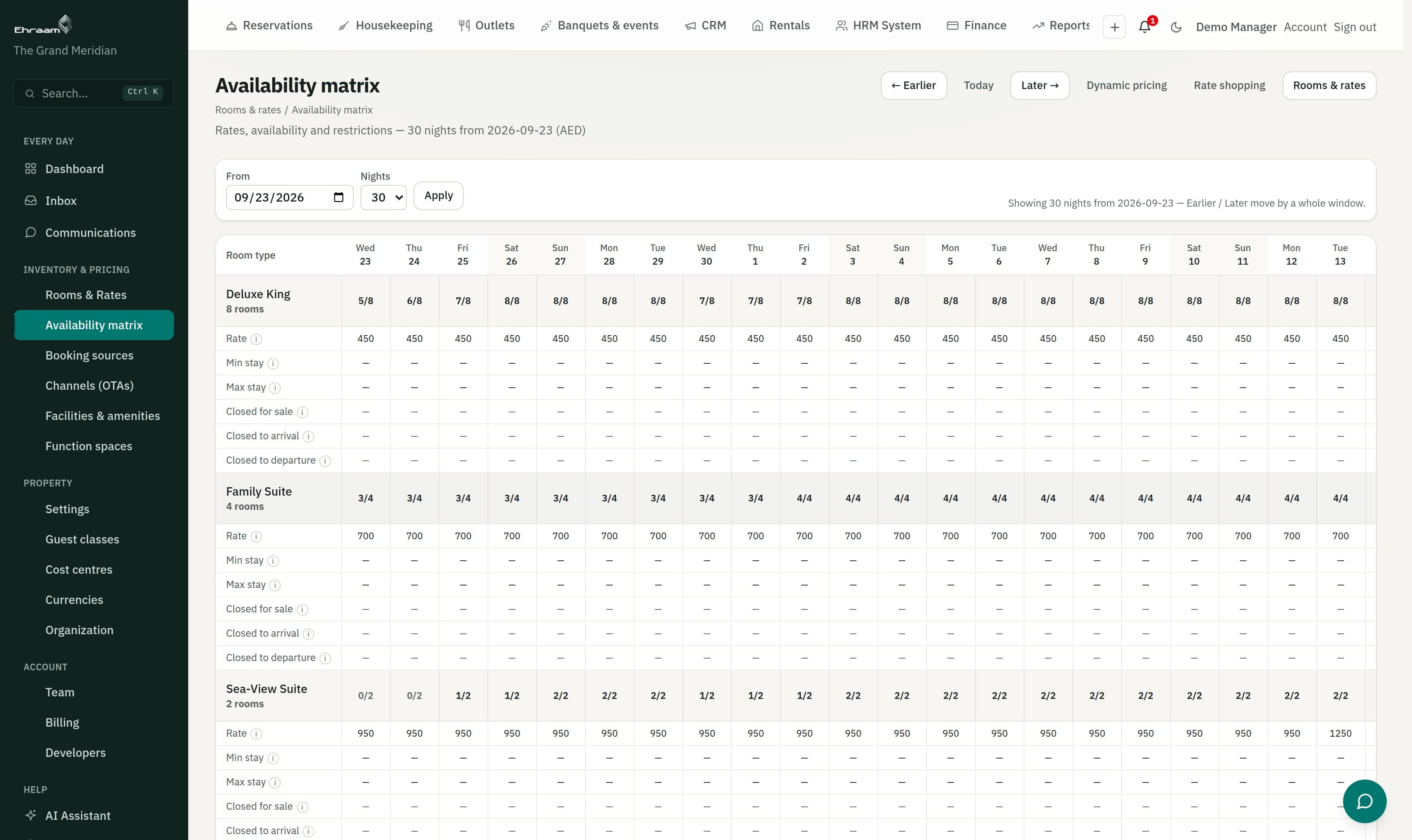 Rate calendar showing thirty nights of rates and minimum stays per room type, with a bulk edit panel